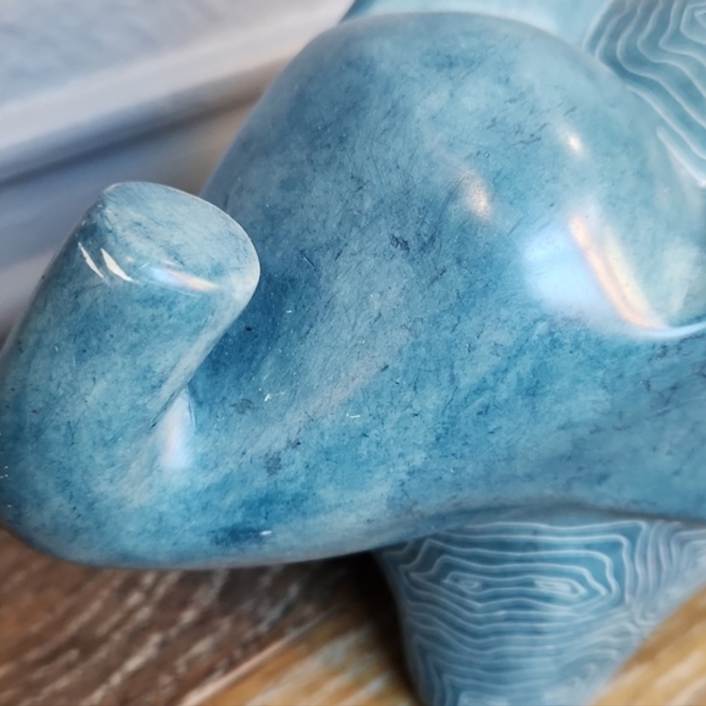 Afrikiko Soapstone Elephant Teal Blue Green White Abstract Circles - Picture 3 of 15